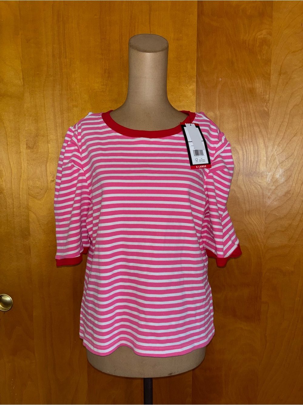 Rebecca Minkoff Pink and White Striped Short Sleeve Tee with Red Trim